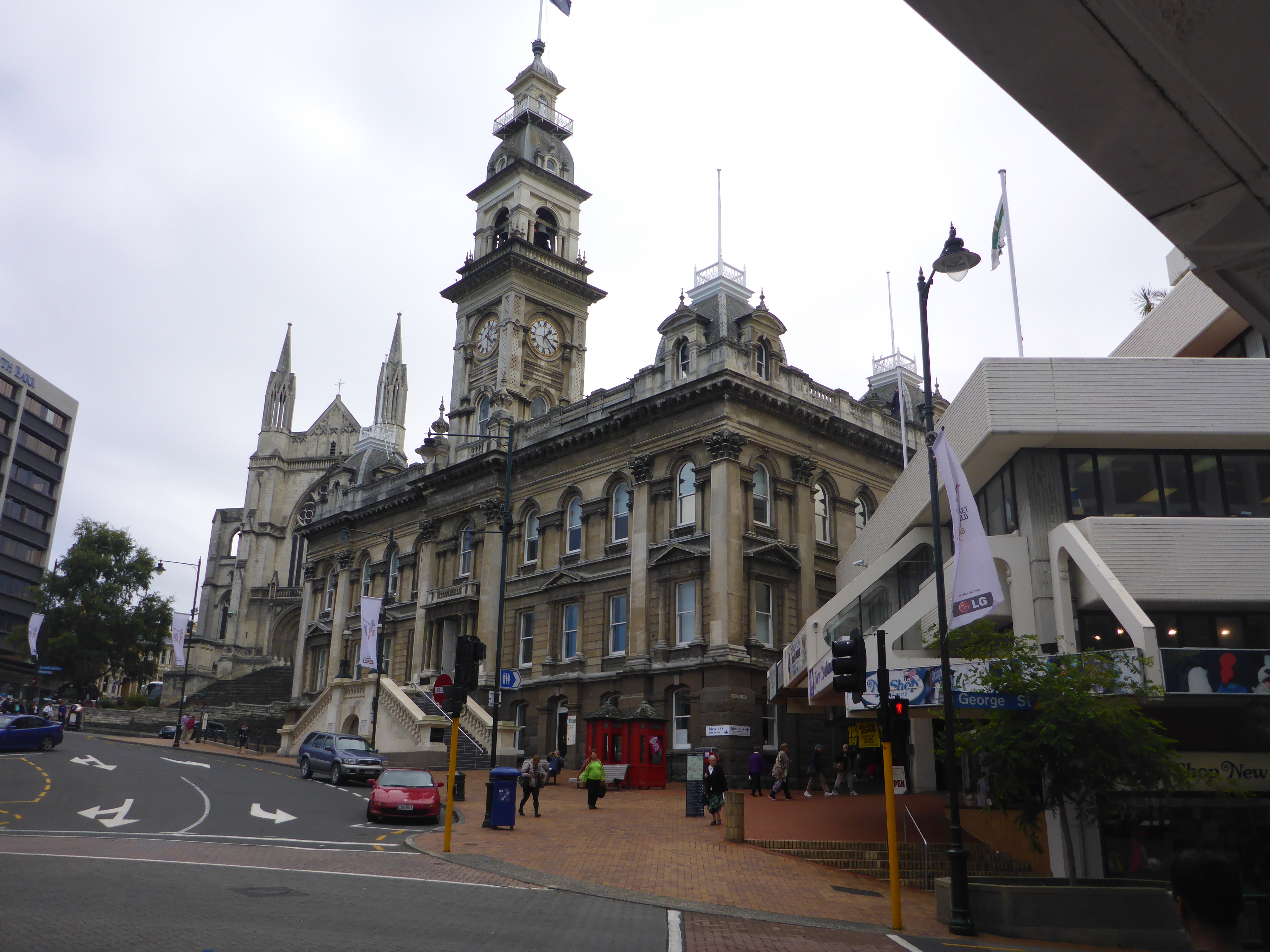 Dunedin Municipal Buildings with St Pauls Cathedral left